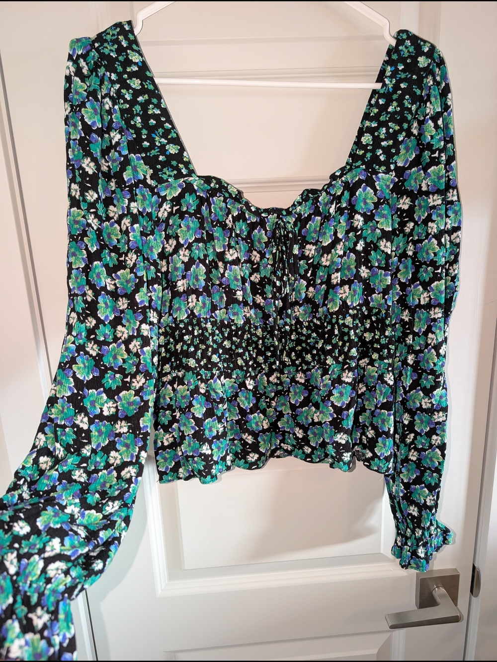 Floral Black Green Blue Long-Sleeve Puff-Sleeve Women's Top